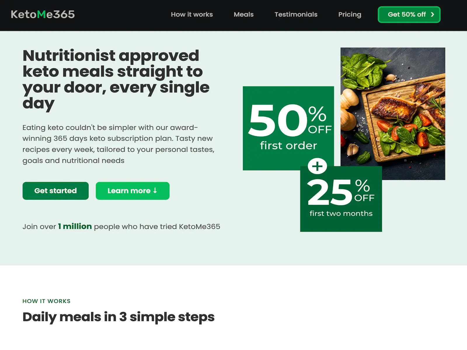 Image of KetoMe365 landing page, a food subscription delivery site